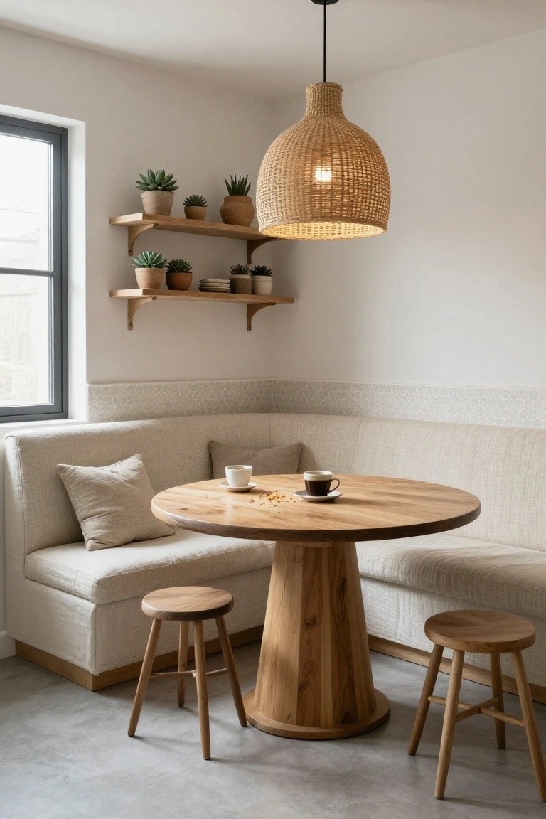 Beige corner booth seating around a round wooden pedestal table with coffee cups and two wooden stools, under a rattan pendant light, plants on wooden shelves, in a light room with tiled lower walls and concrete floor.