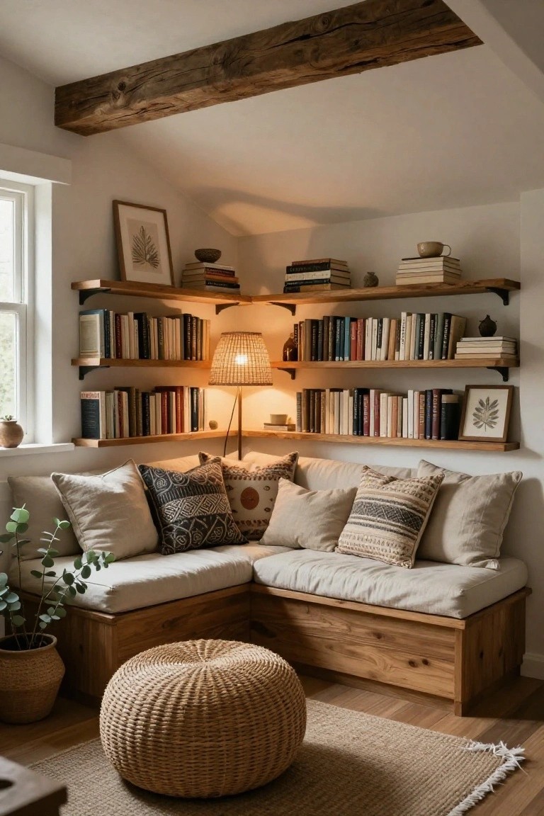 Indoor corner reading nook featuring wooden floating shelves with books, a built-in linen bench seat under a window, rattan lamp, plants in pots, woven pouf, and beige rug on wood floor.