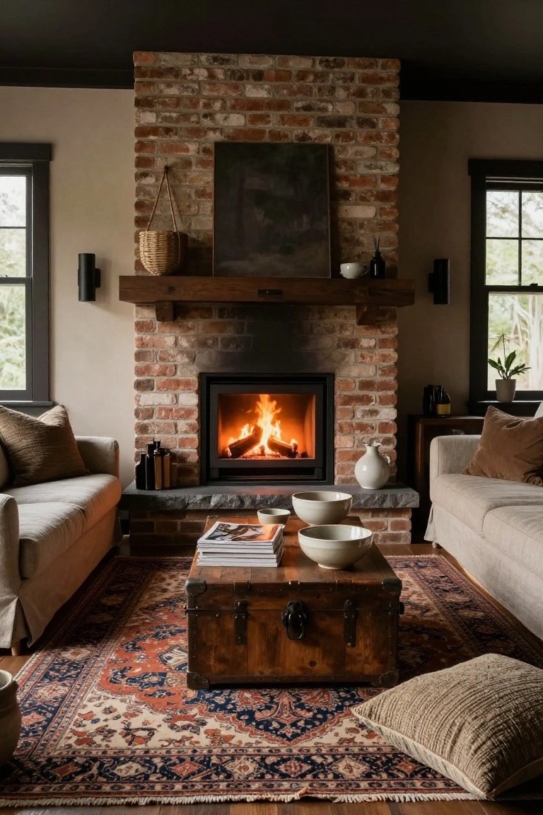 Living room with central exposed brick fireplace featuring a gas fire insert, light beige sofas facing it, wooden trunk coffee table on a red and blue patterned rug, wooden mantel shelf above the fire, and side tables with ceramics.