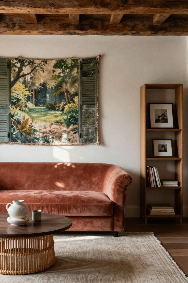 A living room with exposed dark wooden beam ceiling, large tapestry wall hanging of a tropical garden scene with green shutters, rust-colored velvet tufted sofa, woven rattan coffee table with white teapot and cup, tall wooden bookshelf with books and framed photos, on light wood floors with beige rug.