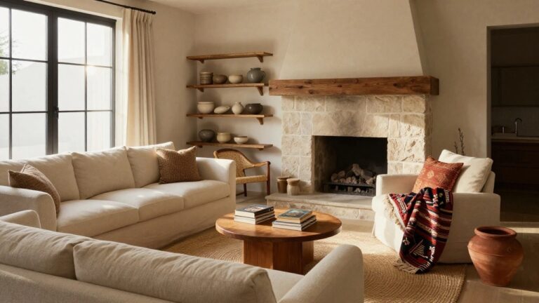 Living room interior with a tall light stone fireplace and thick wooden mantel, flanked by wooden shelves holding ceramic pots and bowls, rattan chairs with cushions, round wooden coffee table, seagrass rug, and white sofa.
