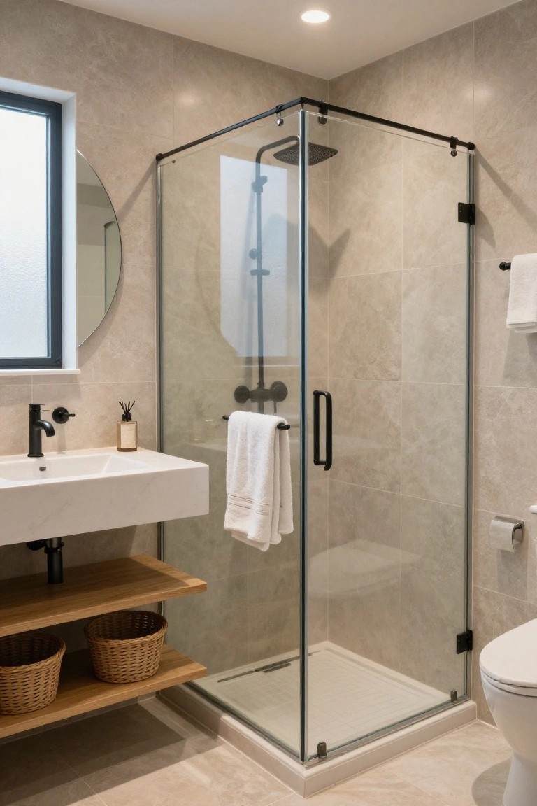 Compact modern bathroom with beige marble-look tiles, frameless glass shower enclosure, wall-mounted white sink with black faucet above wooden floating shelf holding two wicker baskets, round mirror, towels on rail, and white toilet.