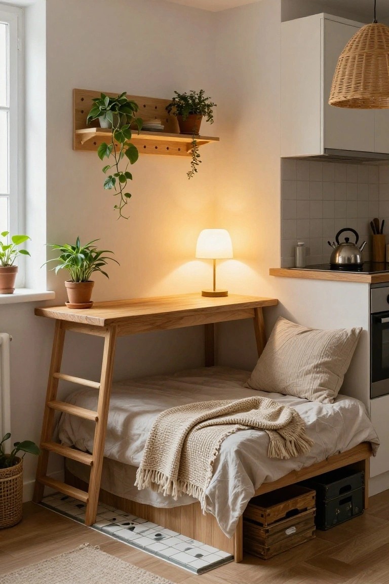Wooden loft bed with ladder access above a desk in a small indoor corner, next to white kitchen cabinets, with plants on shelves, a lamp on the desk, and storage crates below.