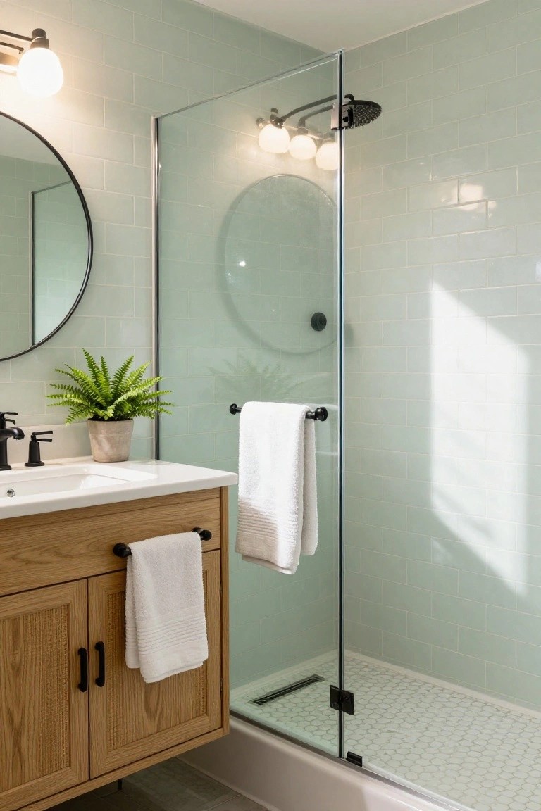 A bathroom with pale mint green subway tile walls, oak wood vanity with towels and plant, round black mirror, and clear glass shower enclosure with white penny tile floor.