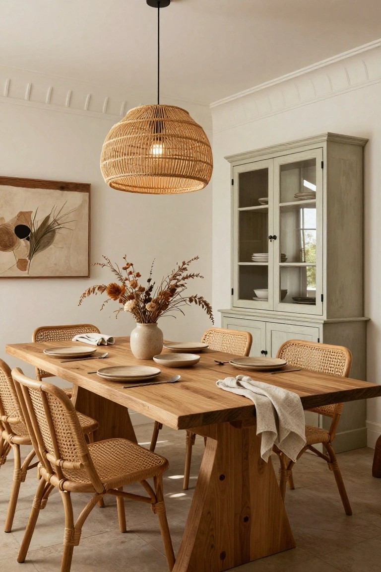 Dining room with rectangular solid wood trestle table, four rattan chairs with woven seats, large wicker pendant light overhead, pale green glass-door cabinet, ceramic vase of dried flowers on table, and abstract beige wall art.