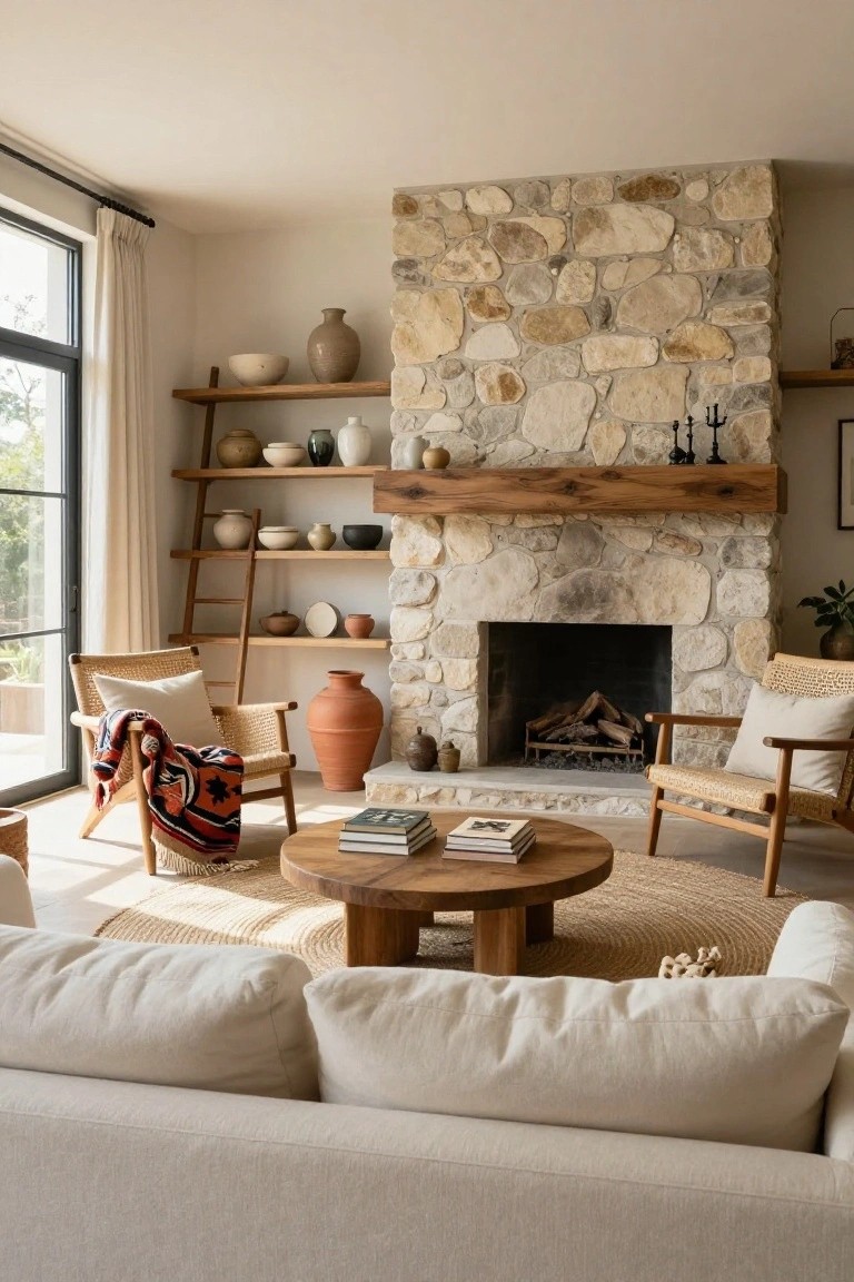 Living room interior with a tall light stone fireplace and thick wooden mantel, flanked by wooden shelves holding ceramic pots and bowls, rattan chairs with cushions, round wooden coffee table, seagrass rug, and white sofa.