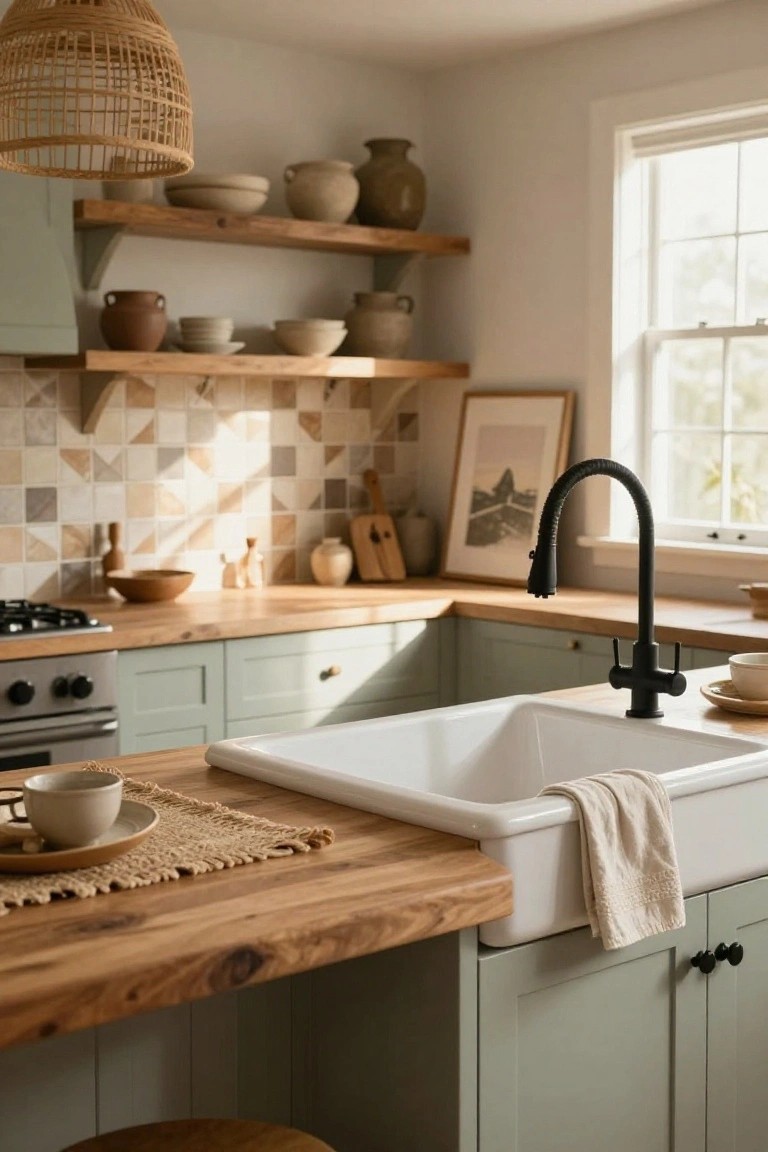 Kitchen with sage green lower cabinets, light wooden countertops and open shelves holding terracotta pottery and bowls, white farmhouse sink, black pull-down faucet, rattan pendant light overhead, and patterned tile backsplash.