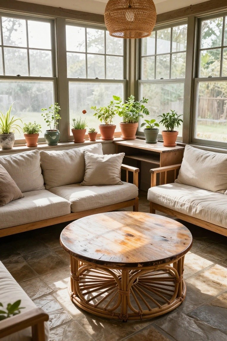 Sunroom interior featuring two cream linen sofas with wooden frames arranged in an L-shape around a round wooden-top coffee table on rattan base, potted plants on windowsills, large multi-pane windows, and a woven pendant light.