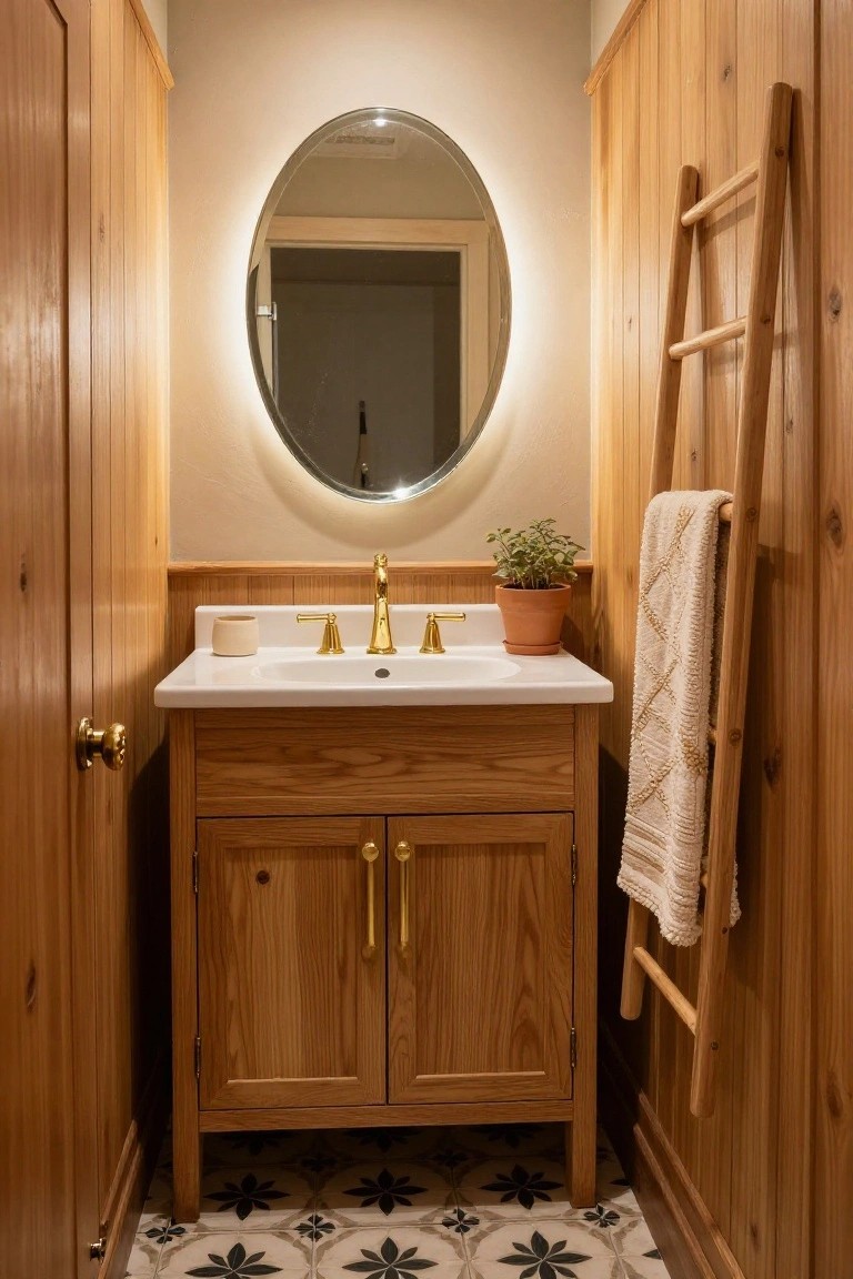 Small wood-paneled bathroom with oak walls, wooden vanity and ladder towel rack, round backlit mirror, white sink with gold faucet, potted plant, beige towel, and black patterned floor tiles.