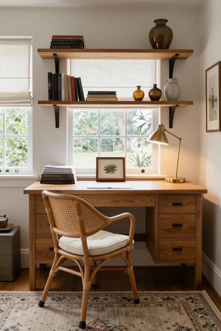 A cozy home office with an oak desk, rattan armchair, floating wooden shelves holding books and pottery, a brass desk lamp, and large windows showing trees outside.