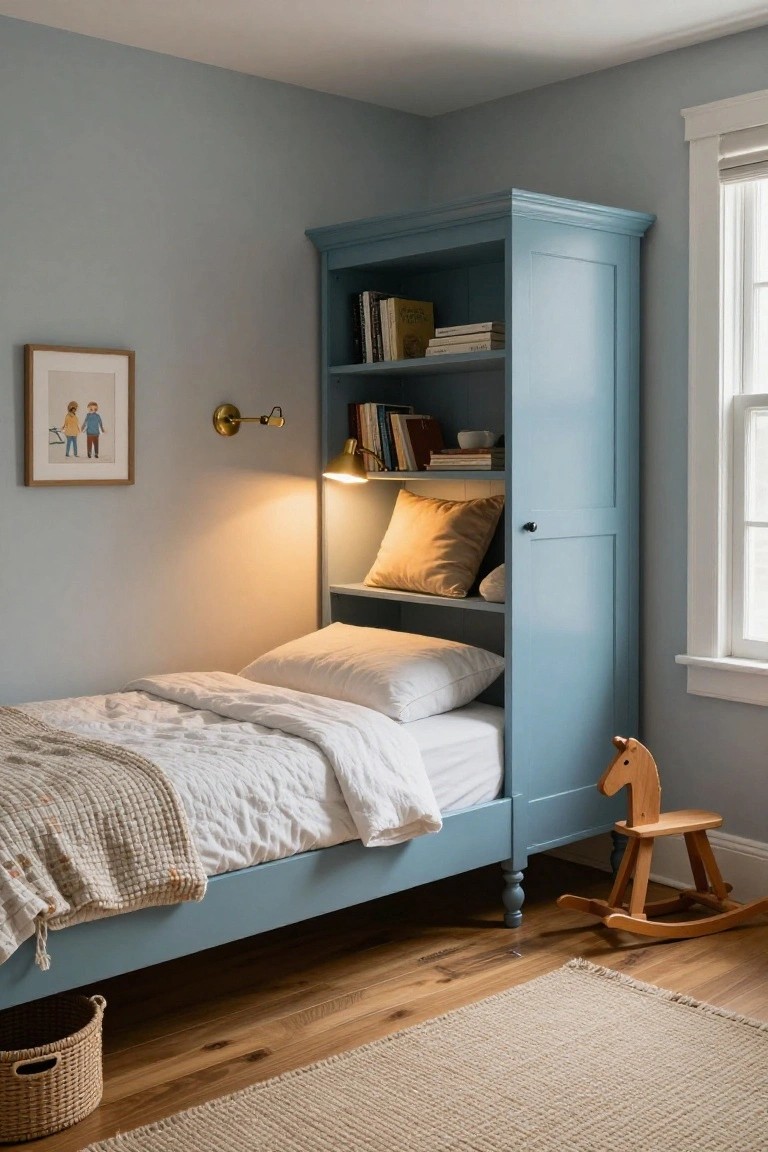 A child's bedroom with a tall light blue wooden built-in wardrobe featuring open bookshelves above an integrated single bed, yellow pillows, wooden rocking horse nearby, seagrass basket, and beige rug on hardwood floors.