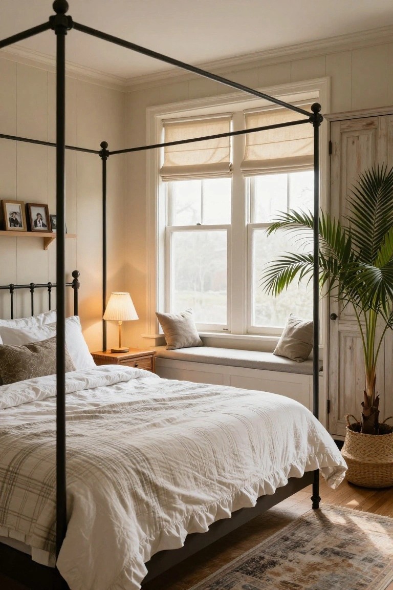 Bedroom with black metal four-poster bed covered in white linens, wooden nightstand and lamp, cushioned window seat, tall potted palm plant near beige double doors, and two large windows with roman shades.