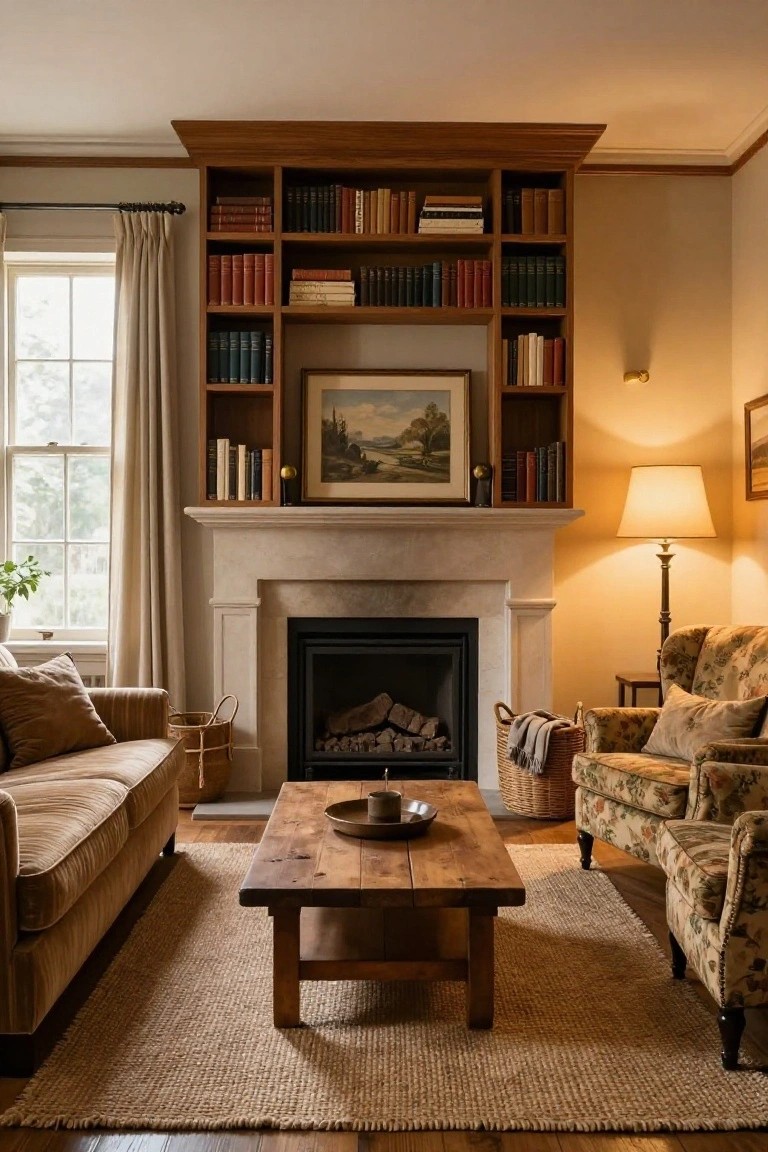 Cozy living room with tall wooden built-in bookshelves flanking a limestone fireplace, brown leather sofa, floral-patterned armchairs, wooden coffee table, seagrass rug, table lamps, window with white curtains, and potted plant.