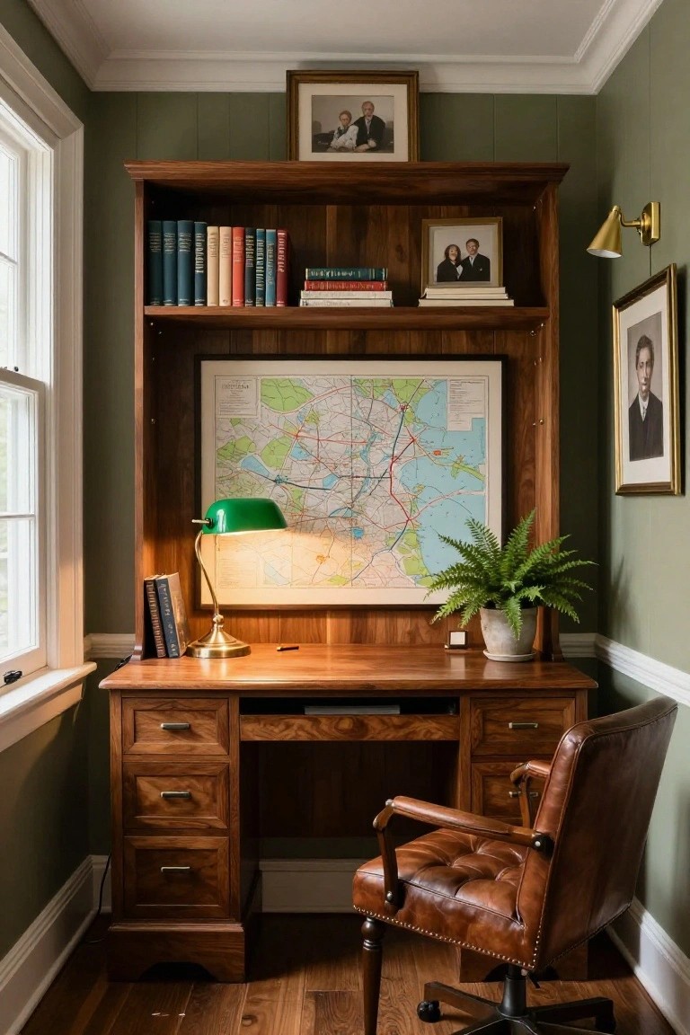 Small home office interior with sage green paneled walls, wooden built-in bookcases and desk hutch displaying books, framed map, photos, green desk lamp, leather armchair, potted fern, and hardwood floors.