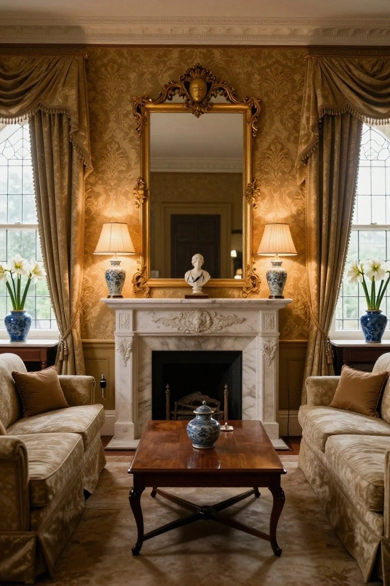 Traditional living room interior featuring gold damask wallpaper, marble fireplace with carved mantel, two facing beige upholstered sofas, wooden coffee table with blue and white porcelain vase, large ornate gold mirror above mantel, Chinese vases on either side, and potted amaryllis flowers near tall curtained windows.