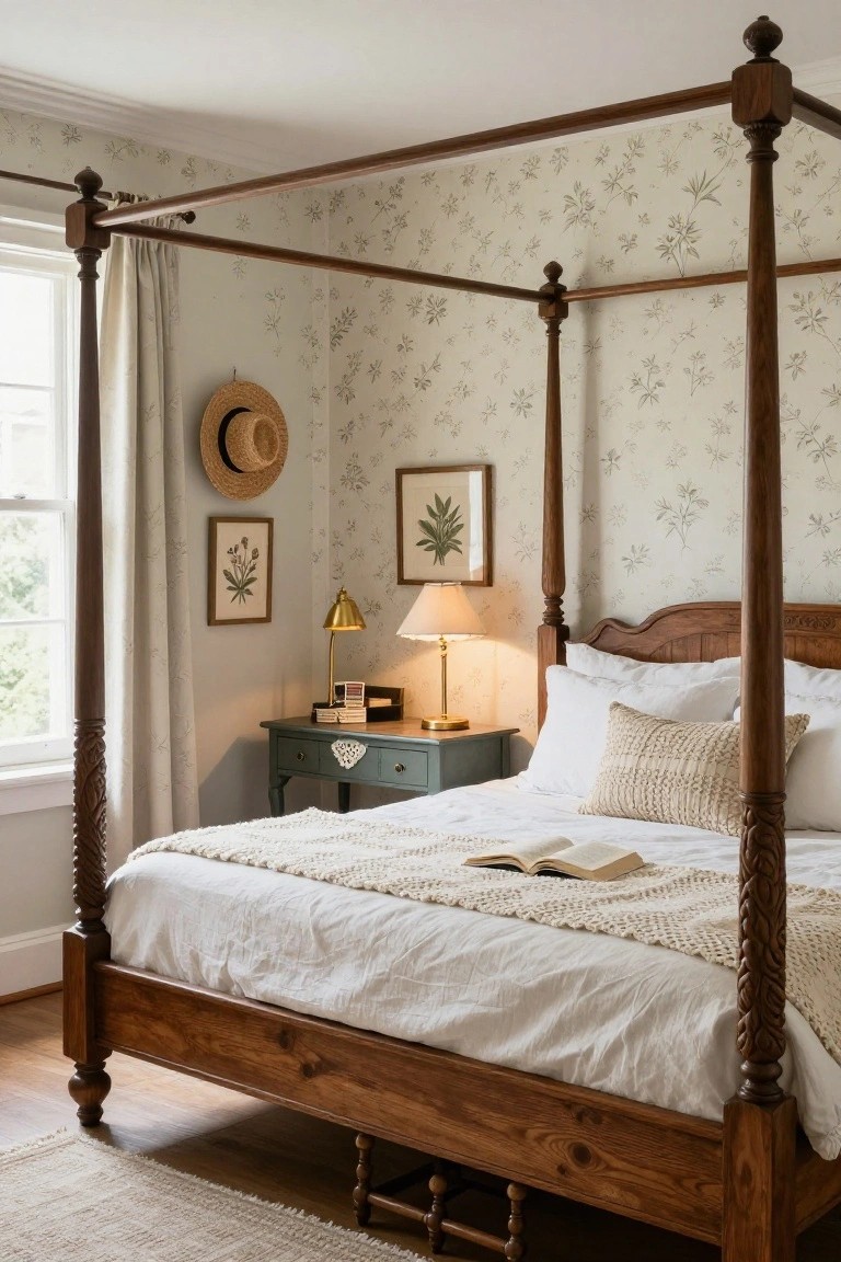 A bedroom with a dark wood four-poster bed covered in white sheets and a cream knit throw, floral-patterned wallpaper, a green dresser with brass lamp, botanical art frames, and a window with cream curtains.