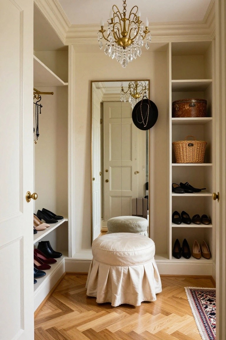 A traditional walk-in closet with white built-in shelves and wardrobes, shoe racks, hanging rods, jewelry hooks, a central cream pouf ottoman, full-length mirror, crystal chandelier, and herringbone parquet floor.