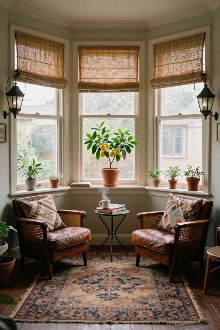 Bay window interior with two leather armchairs facing each other across a small metal table, surrounded by potted plants including a central lemon tree, on a patterned rug with wooden floors and bamboo blinds.