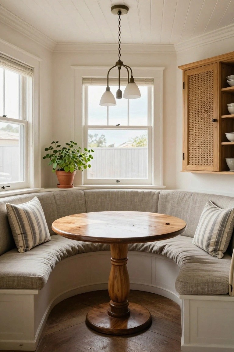 Curved gray banquette with striped pillows around a round wooden pedestal table in a white corner room with large windows, pendant light, and rattan cabinet.