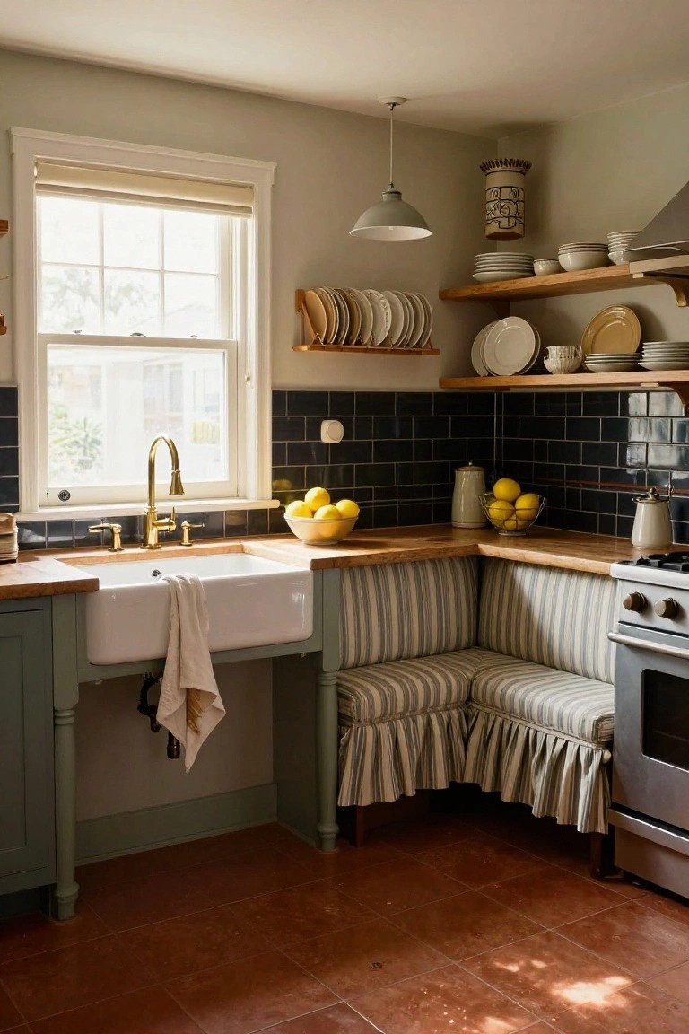 Kitchen corner with green cabinetry, white farmhouse sink, brass faucet draped with a towel, wood countertop holding lemons in bowls, black subway tile backsplash, striped banquette bench, and stainless stove.
