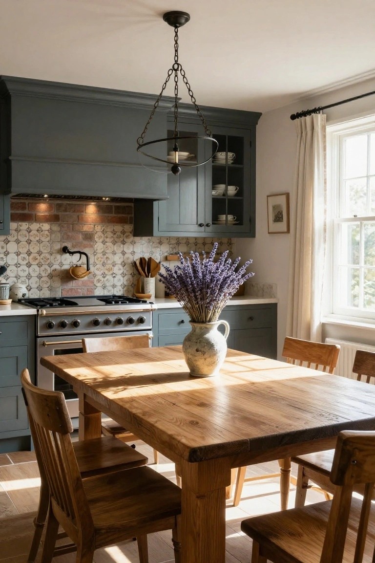 A traditional kitchen featuring dark teal cabinets, exposed brick and patterned tile backsplash behind a stainless steel range, wooden dining table with ladderback chairs, and a vase of lavender flowers on the table next to a window with sheer curtains.