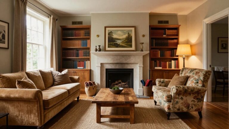 Cozy living room with tall wooden built-in bookshelves flanking a limestone fireplace, brown leather sofa, floral-patterned armchairs, wooden coffee table, seagrass rug, table lamps, window with white curtains, and potted plant.