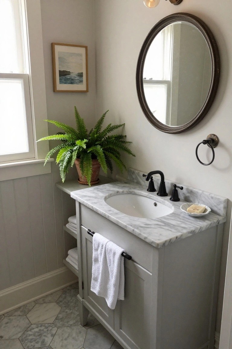 Gray wooden bathroom vanity cabinet with white marble countertop, oval sink, black faucet handles, white towels draped on drawer pull, adjacent shelf with fern plant in terracotta pot, round wood-framed mirror above, beadboard walls, and gray hexagonal floor tiles.