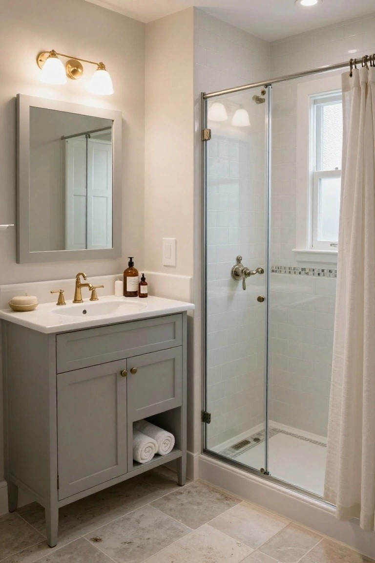 Compact bathroom with gray shaker vanity topped by white sink and gold faucet, flanked by white subway tile shower with glass door and linen curtain, and beige tile floor.