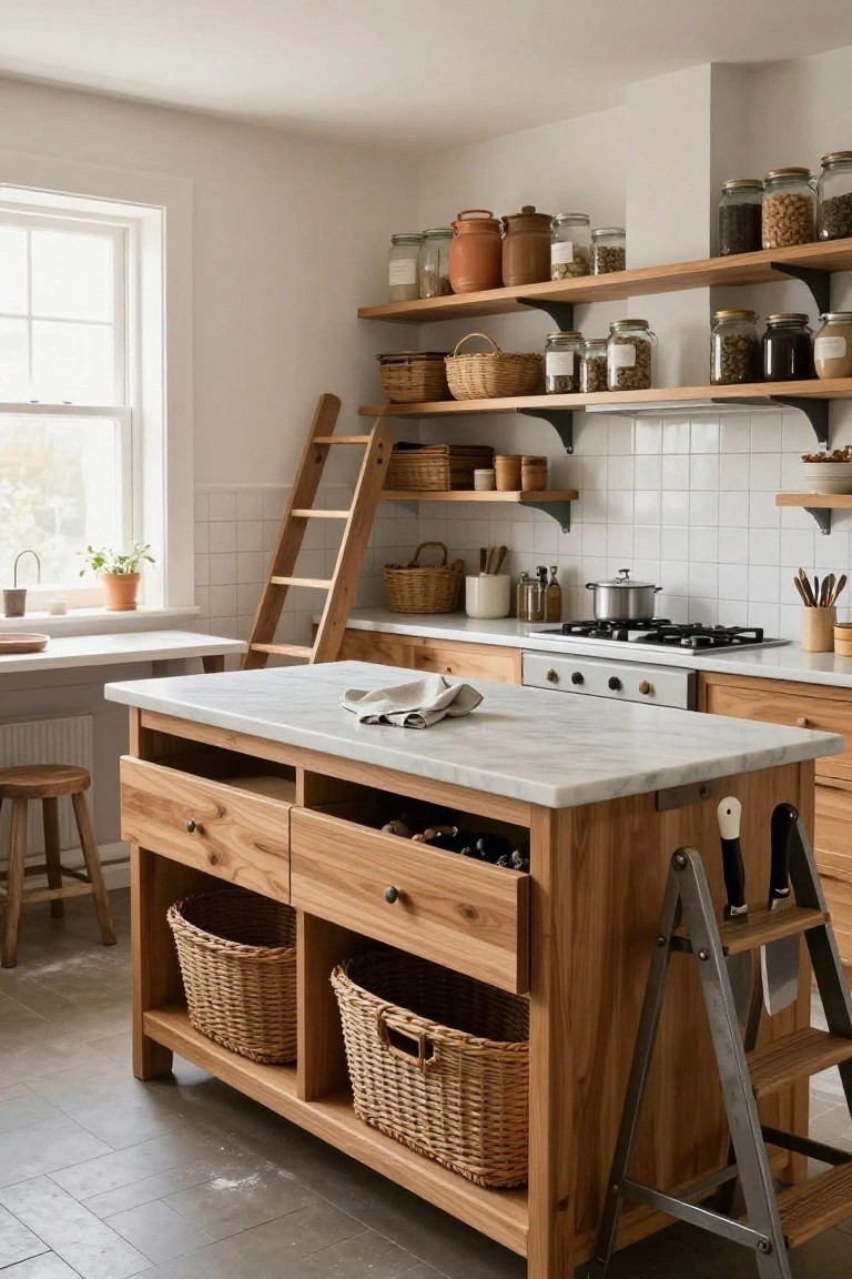 A cozy kitchen with light wood cabinets and open oak shelves stocked with glass jars, baskets, and pottery, a central wooden island featuring a white marble top, drawers, wicker baskets, wine storage, and an attached metal step ladder, white subway tile backsplash, gas stove, and window with plants.