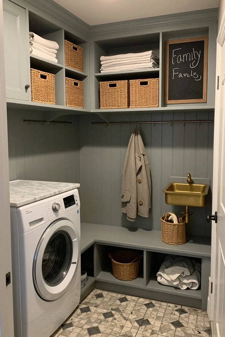 Corner laundry room interior with white front-load washer on marble countertop, gray wainscoted walls, built-in bench and storage cubbies with wicker baskets, gold utility sink, coat hooks, and framed chalkboard labeled 