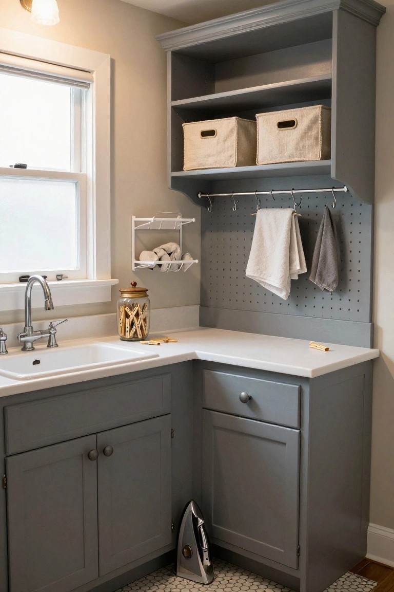 Corner white porcelain sink in gray wood cabinets with pegboard wall above holding hanging towels, hooks, and drying rack, open shelves with beige fabric baskets, window with roller shade, and ironing board on hex tile floor.
