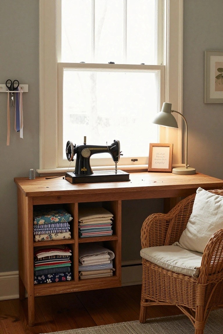 Wooden desk holding a black vintage sewing machine on top with open shelves below filled with stacks of folded colorful fabrics, positioned by a window in a gray-walled room with a desk lamp, framed art, scissors on a wall rack, and a wicker chair nearby.