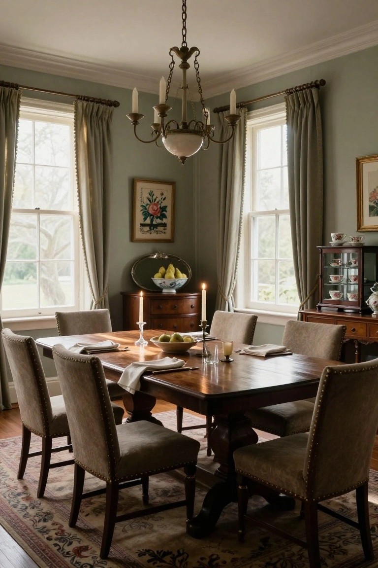 Sage green dining room with wooden pedestal table set with pears in bowls, linen napkins, candles, studded upholstered chairs, brass chandelier, and antique sideboard.