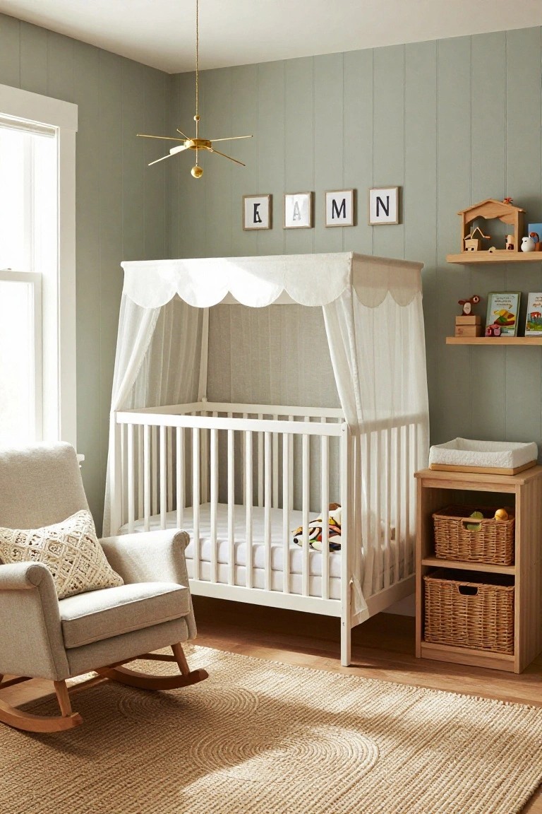 Nursery room with white crib under white scalloped canopy, sage green paneled walls, beige upholstered rocking chair with throw pillow, wooden changing station dresser, wicker baskets, and shelves holding toys and books.