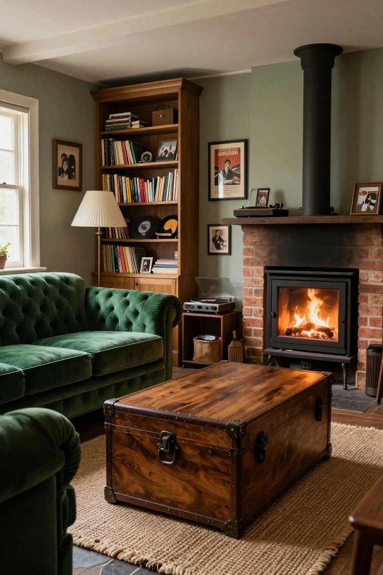 Cozy living room interior with emerald green tufted sofa, wooden trunk coffee table, brick fireplace with fire, wooden bookshelves filled with books and decor, green walls, and warm lamp lighting.