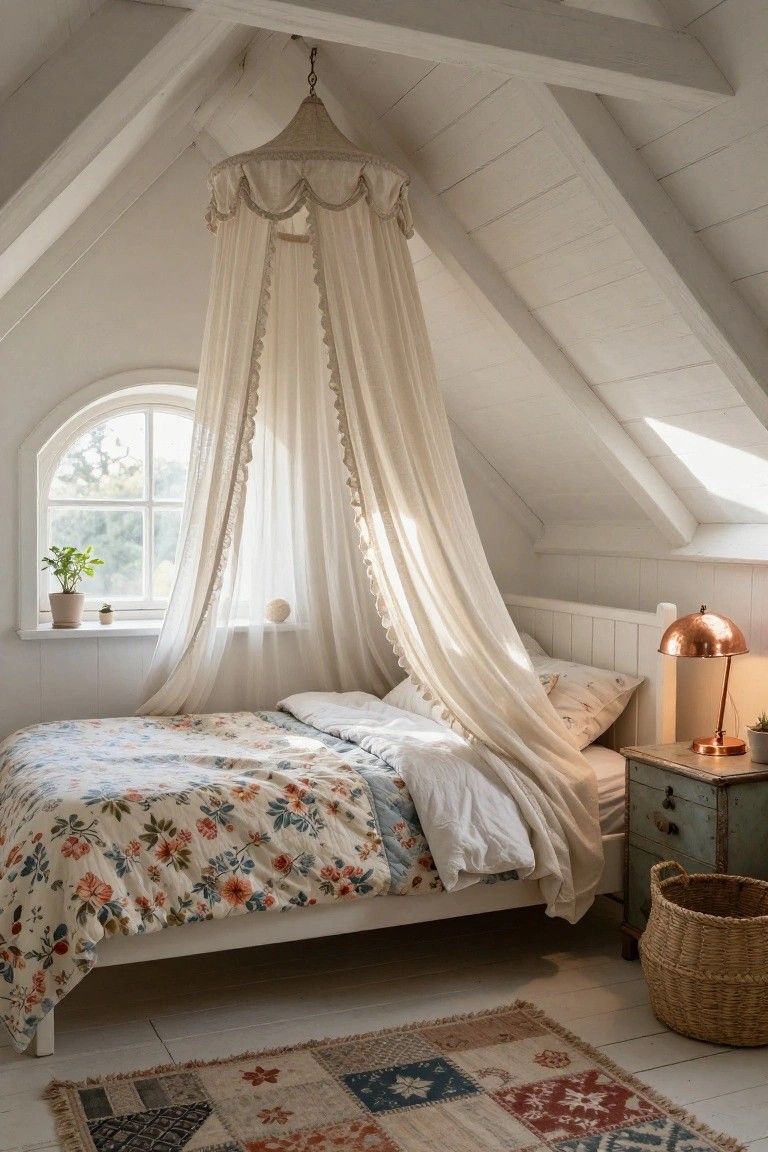 Attic bedroom with white wooden bed under sheer draped canopy, floral and white bedding, copper lamp on green nightstand, round window with plants, white walls and exposed beams, woven basket and patterned rug on wood floor.