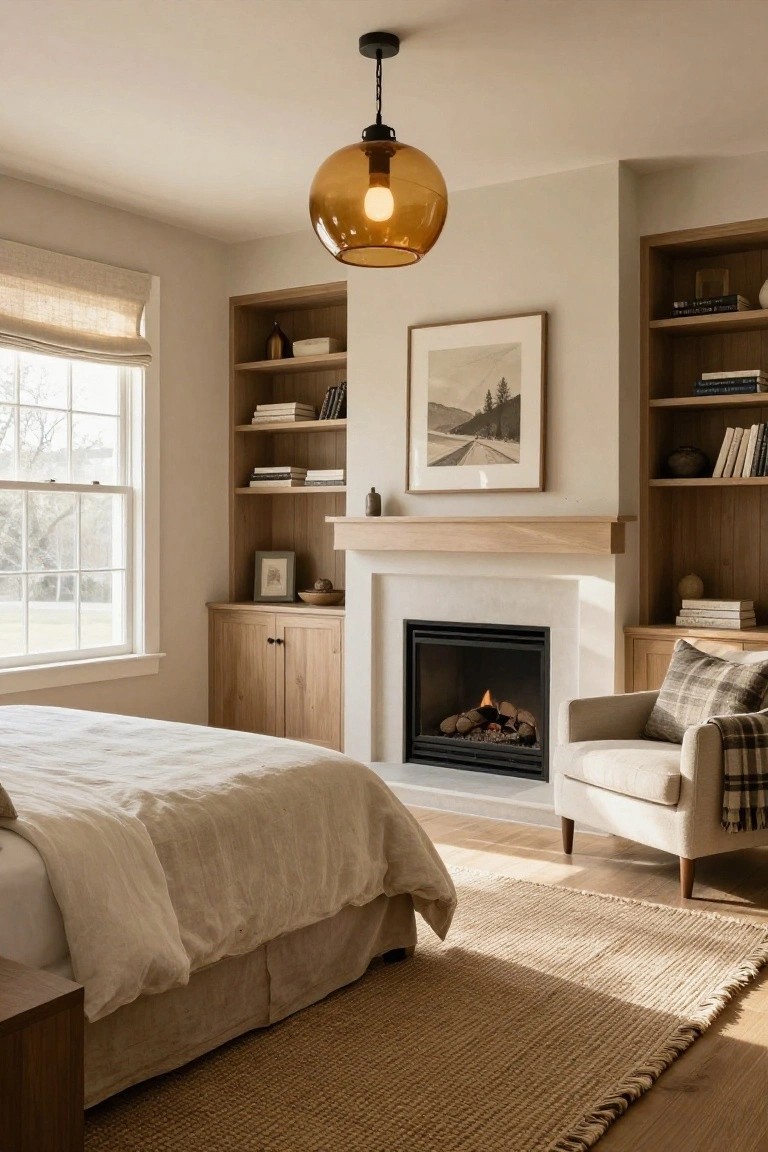 A cozy bedroom with a white linen bed, light oak built-in bookshelves and cabinets flanking a gas fireplace, an armchair nearby, linen window shade, and neutral walls.