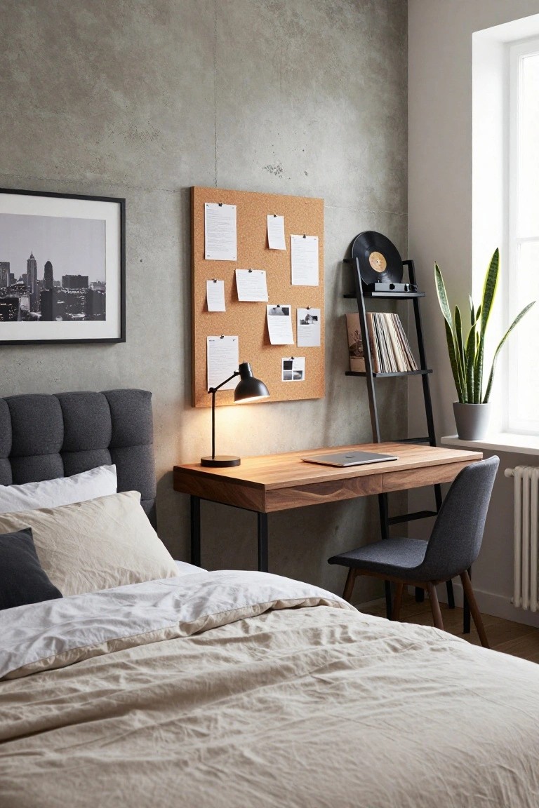 Modern bedroom with exposed concrete walls, tufted gray headboard, unmade bed with beige and white linens, wooden desk on black metal legs with silver laptop and adjustable black desk lamp, corkboard with papers and photos, black ladder shelf with vinyl records books and tall snake plant in gray pot by window and radiator.