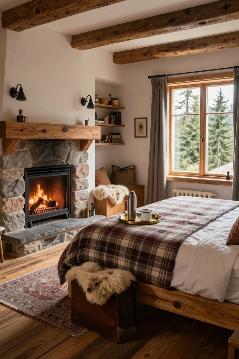 Cozy bedroom interior with lit stone fireplace next to wooden bed covered in plaid duvet and white sheets, sheepskin throws on bed and floor, exposed wooden beams on ceiling, wall sconces, bookshelves, and window overlooking pine trees.