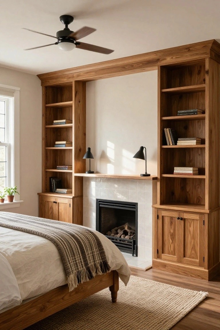 A bedroom with tall oak built-in bookshelves flanking a fireplace with white tiles and gas logs, a wooden bed with white sheets and gray throw blanket, black desk lamps on shelves, ceiling fan, and hardwood floors.