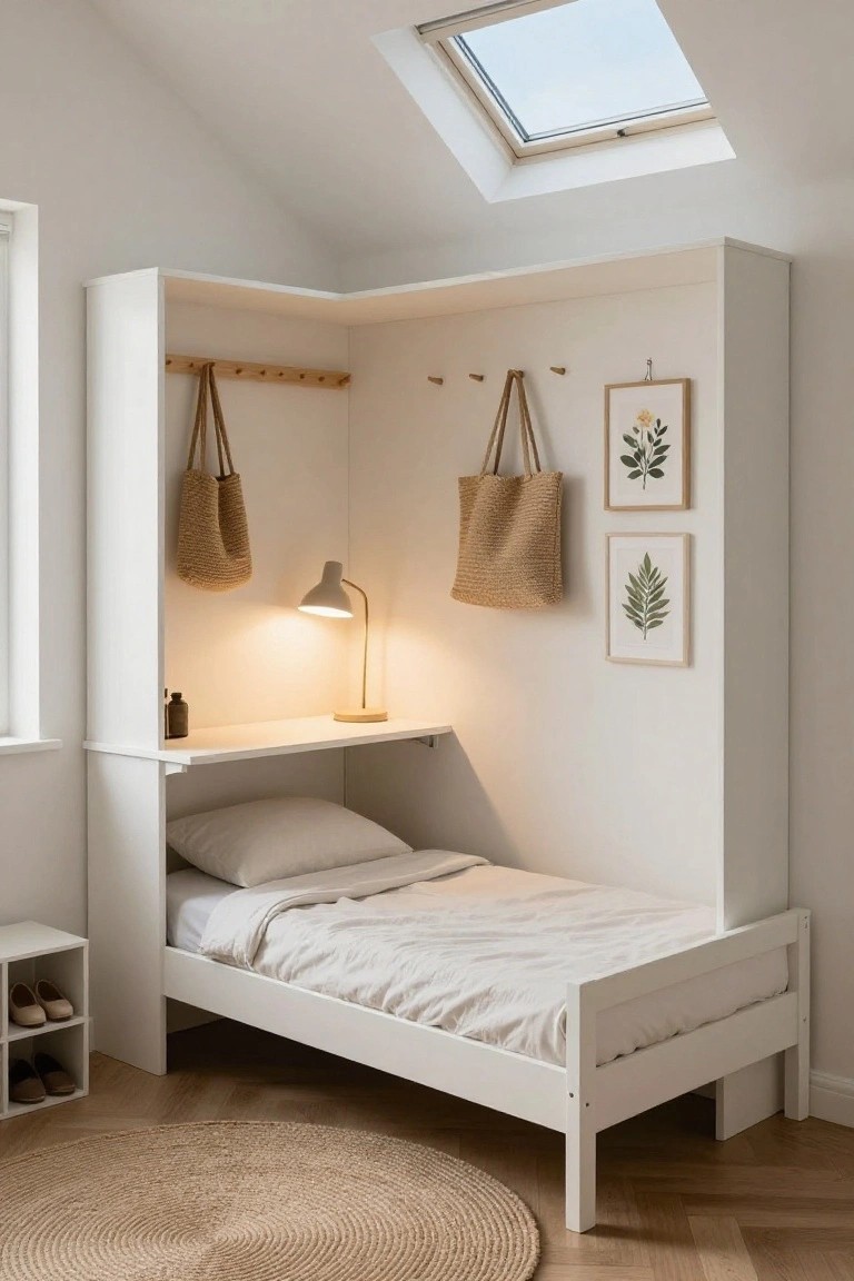 White L-shaped built-in bedroom furniture in a corner with a single bed below, desk shelf with lamp and bottle, hanging wicker bags on wooden peg rail, botanical prints on wall, skylight overhead, jute rug on herringbone wood floor.