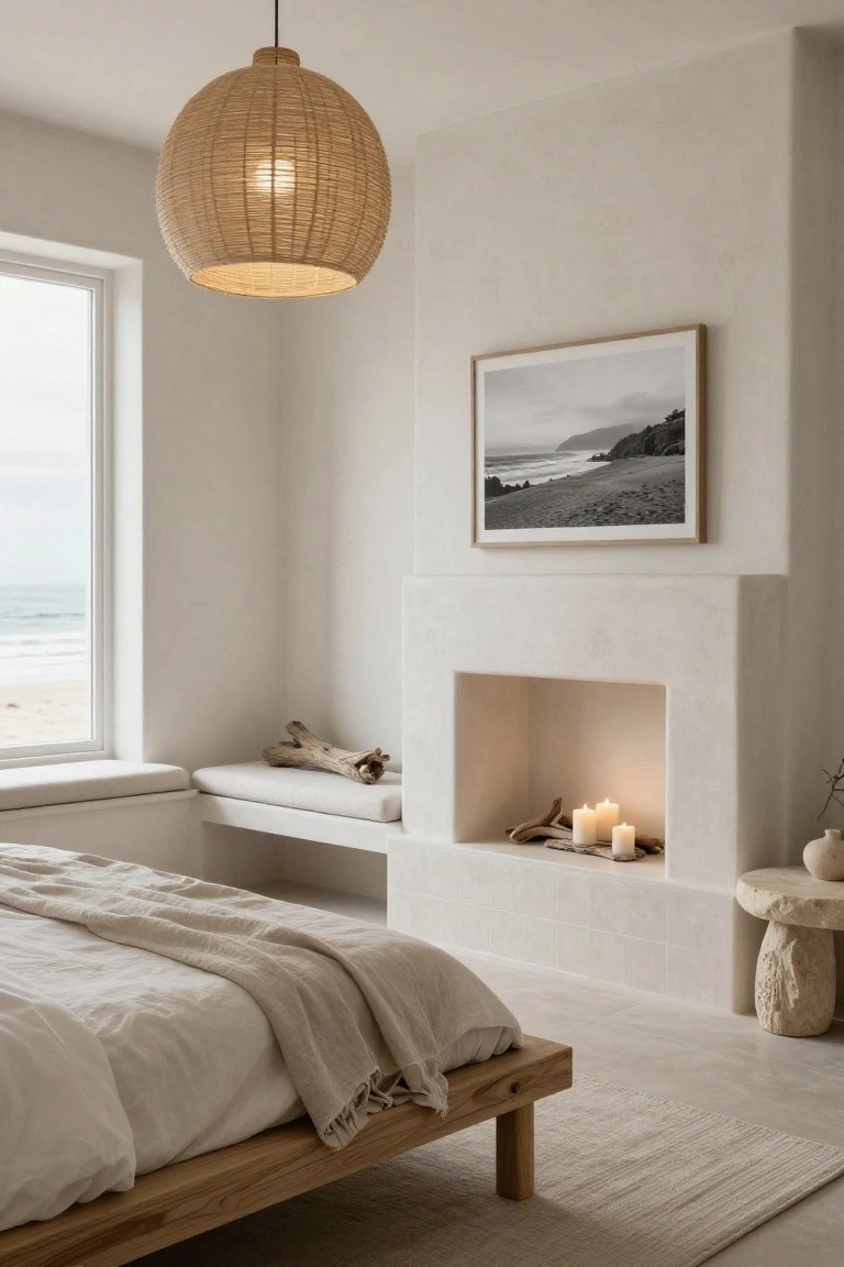 Minimalist bedroom featuring a low wooden platform bed with white linen bedding, a built-in white plaster fireplace containing lit candles and driftwood, a cushioned window seat bench overlooking the ocean, a rattan pendant light, and neutral tones throughout.
