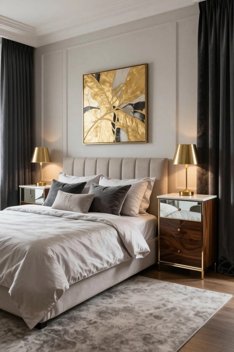 A bedroom with light gray tufted upholstered bed headboard, layered gray pillows and duvet, brass lamps on mirrored white and wood nightstands, large gold leaf abstract artwork on paneled gray wall, black curtains, and light gray rug on wood floor.