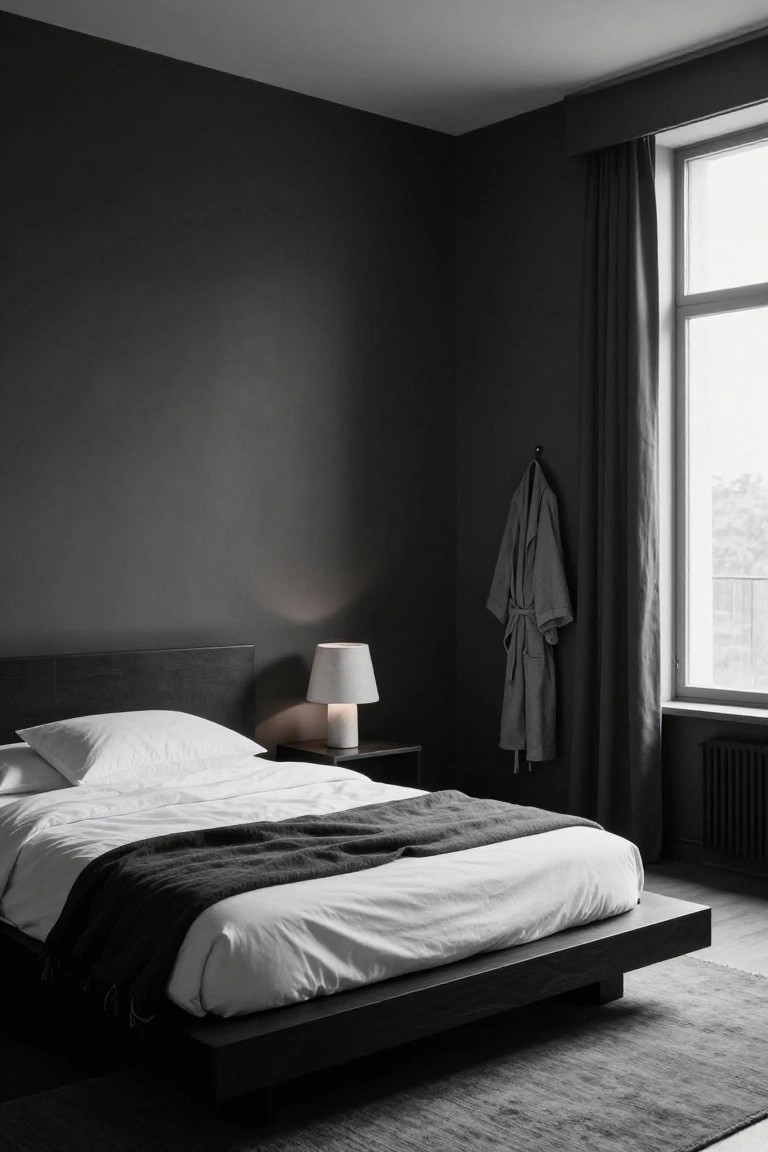 Black and white photo of a minimalist bedroom featuring dark gray walls, a low black platform bed with white sheets and dark gray throw, a white lampshade on a bedside table, a gray robe hanging on a hook near a large window with gray curtains, a radiator below the window, and a gray rug on the floor.