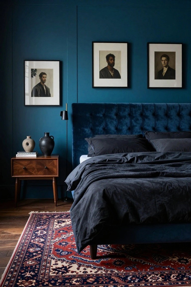 Bedroom interior with navy blue paneled walls, tufted navy velvet headboard, black bedding draped over the bed, wooden nightstand with books and ceramic vases, three framed portraits above the bed, wall sconce, and red and navy Persian rug on hardwood floors.