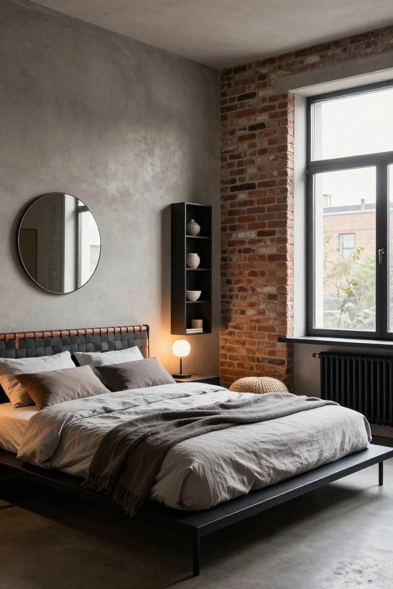 A bedroom with exposed red brick wall, gray plaster walls, black woven leather headboard on low platform bed with white sheets, gray pillows and throw, round black-framed mirror, black wall shelf with white ceramics, globe lamp, rattan pouf, black radiator, and large window.