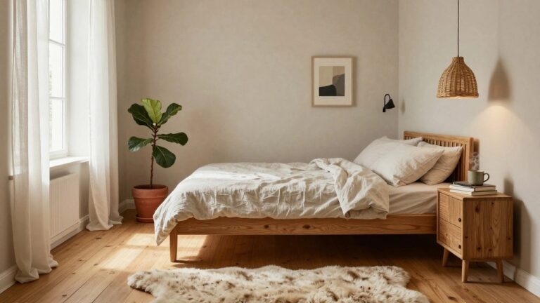 Bedroom interior with light oak wood bedframe and nightstand, rattan pendant lamp on wall, sheer curtains over window with potted ficus plant on wooden bench, books and mug on surfaces, white linens on bed, light wood floor, and pale walls.