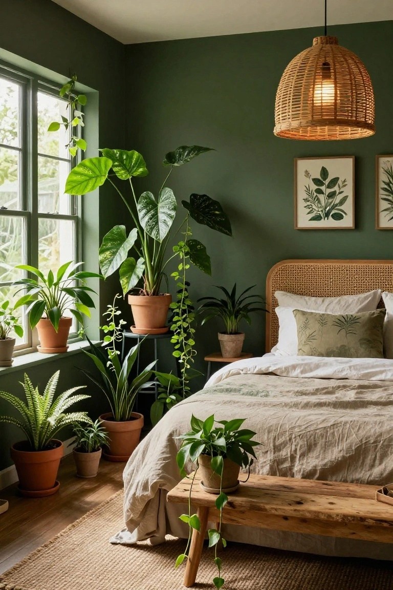 A bedroom corner with deep green walls, large potted plants including monstera and ferns, a rattan bed frame with white and beige linens, a hanging rattan lamp, and a wooden bench at the bed's foot.
