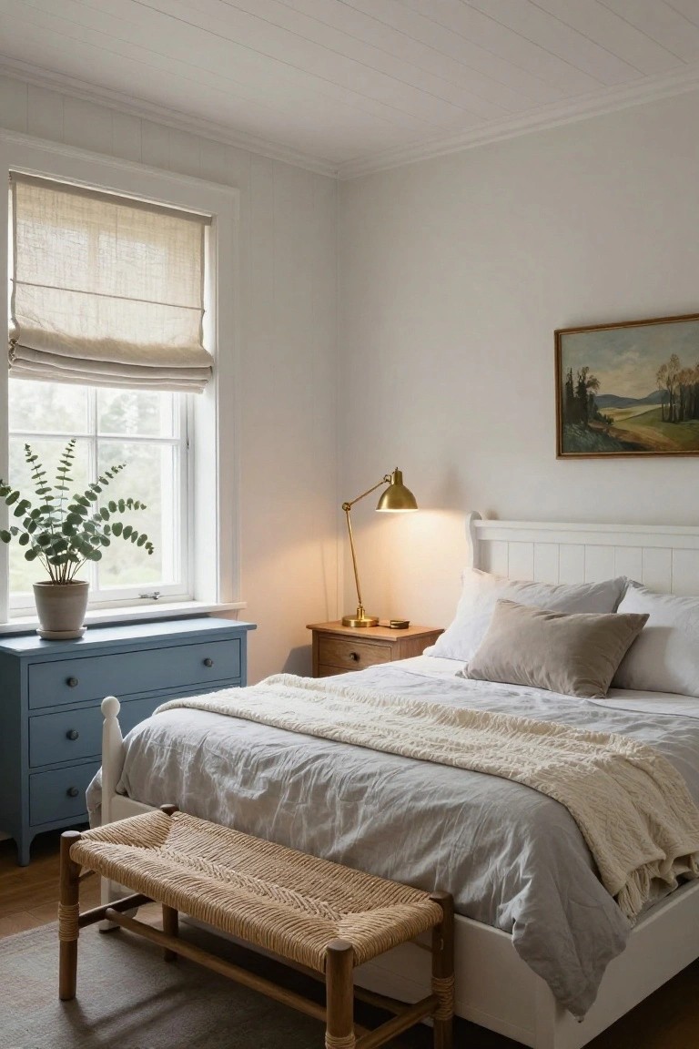 White paneled bedroom with a white wooden bed covered in gray linens, white throw, and neutral pillows; blue dresser with eucalyptus plant on windowsill; wood nightstand with gold lamp; rattan bench at bed foot; linen roman shade on window; landscape painting on wall.