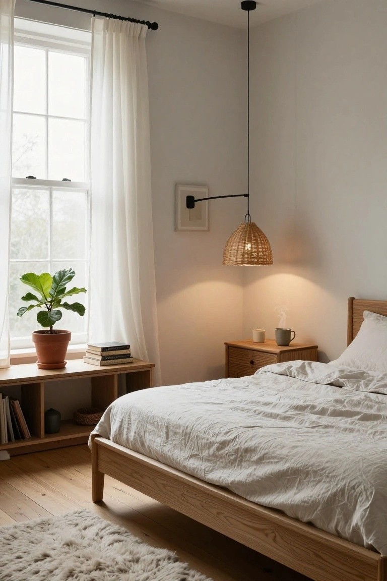 Bedroom interior with light oak wood bedframe and nightstand, rattan pendant lamp on wall, sheer curtains over window with potted ficus plant on wooden bench, books and mug on surfaces, white linens on bed, light wood floor, and pale walls.